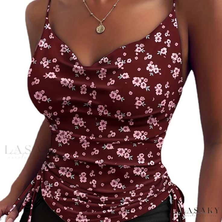 Lasaky - Womens Floral Print Side Drawstring Cami Top: Elegant Cowl Neck Spaghetti Strap Summer Top for Stylish Women Macan Tutul, Basket Veja, Moda Punk, Spaghetti Strap Top, Summer Crop Tops, Casual Vest, Bhutan, Tank Top Camisole, Crop Top Blouse