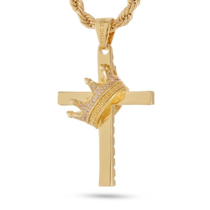 Pay tribute to the King of Kings with your own Kingdom Cross from King Ice. The crown is 3-dimensional and the stones are in AAA quality. Tarnish Resistant Spiritual Cross Jewelry, Spiritual Crucifix Gemstone Jewelry, Gold Cross Gemstone Jewelry, Luxury Rope Chain Jewelry For Gift, Gift Cross Pendant Necklace With Rope Chain, Gift Rope Chain Necklace With Cross Pendant, Spiritual Yellow Gold Jewelry With Rope Chain, Rope Chain Necklace With Cross Pendant For Gift, Spiritual Pendant Jewelry With Rope Chain