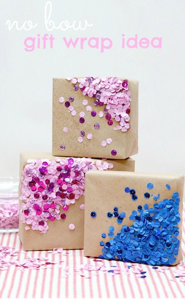 three wrapped gift boxes with confetti on them and the words, no sequins giveaway idea