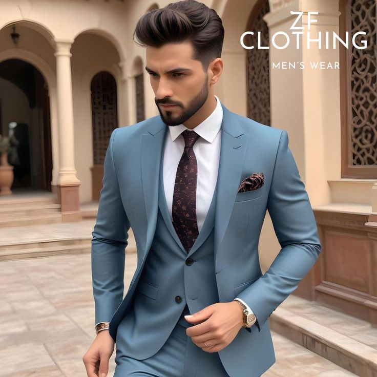 Light Color Suits For Men, Dusty Blue Suit, Light Blue Tux, 3 Piece Suit Men, Blue Tux, Suits Groom, Light Blue Suit, Blue Suit Wedding, Formal Fashion