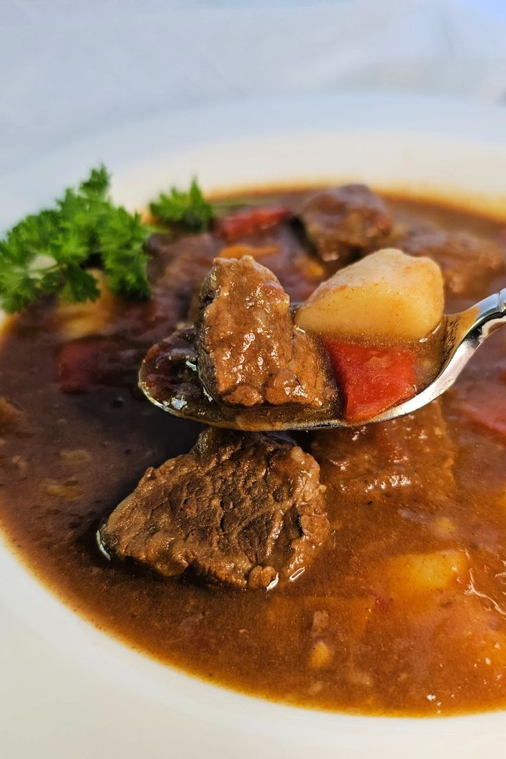 a spoon full of stew with meat and vegetables on it, ready to be eaten