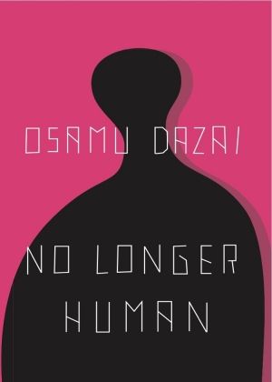 a poster with the words no longer human in white letters on a black bottle against a pink background