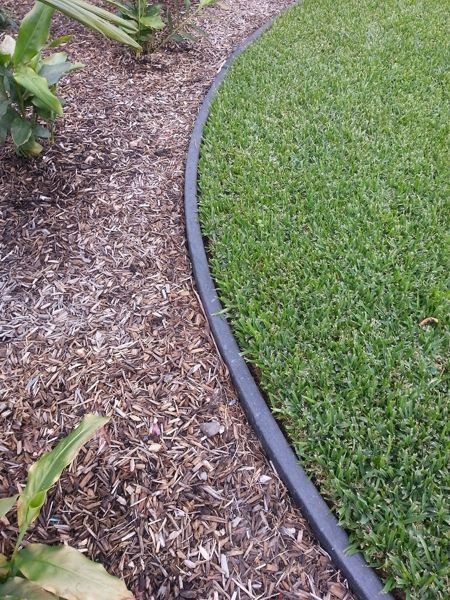 a garden with green grass and brown mulch