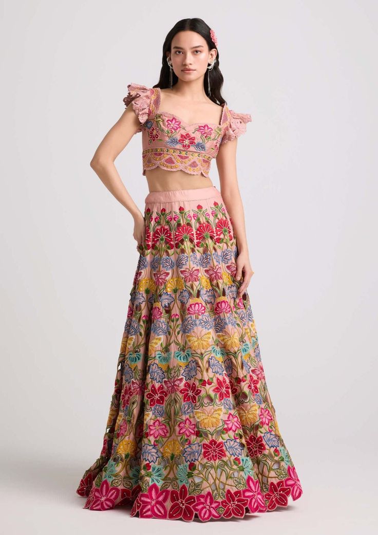 Soft Pink Multicolor Floral Lehenga by Chandrima available on Indiaspopup.com Bohemian Pink Party Sets, Pink Semi-stitched Bohemian Dress, Pink Bohemian Semi-stitched Dress, Semi-stitched Bohemian Pink Dress, Bohemian Semi-stitched Pink Dress, Pink Chikankari Embroidered Fabric For Party, Pink Bohemian Floor-length Lehenga, Bohemian Style Pink Floor-length Lehenga, Bohemian Pink Floor-length Lehenga