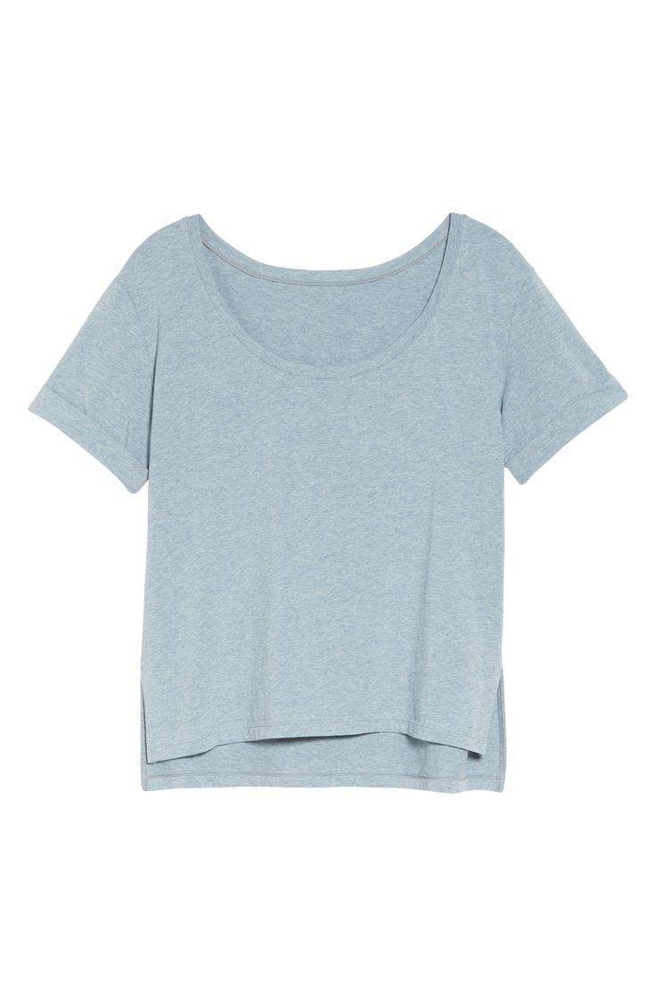 This lightweight T-shirt is made of supersoft stretch cotton in a heathered color created with plant-based dye that becomes more vibrant over time. Scoop neck Short sleeves High/low hem 91% organic cotton 9% elastane Hand wash, dry flat Imported Women's Clothing Cheap Organic Cotton Relaxed Fit T-shirt, Sporty Short Sleeve Organic Cotton T-shirt, Cheap Blue Organic Cotton T-shirt, Solid Color Short Sleeve T-shirt For Yoga, Breathable Yoga T-shirt In Solid Color, High Low Hem, Print Gifts, Stretch Cotton, Cotton T Shirt