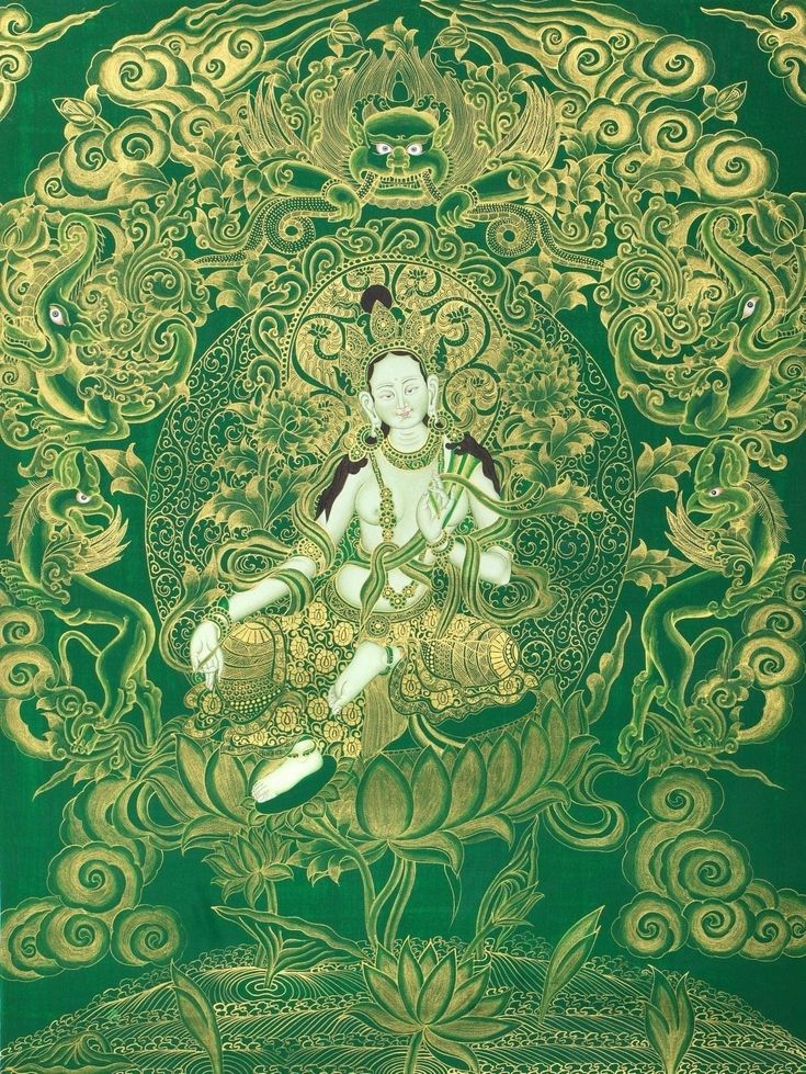 an image of a buddha sitting in the middle of a green and gold painting with swirls around it