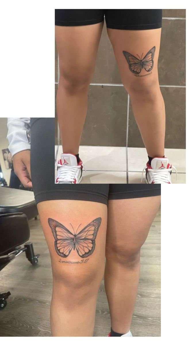 the legs and thighs of a woman with butterfly tattoos