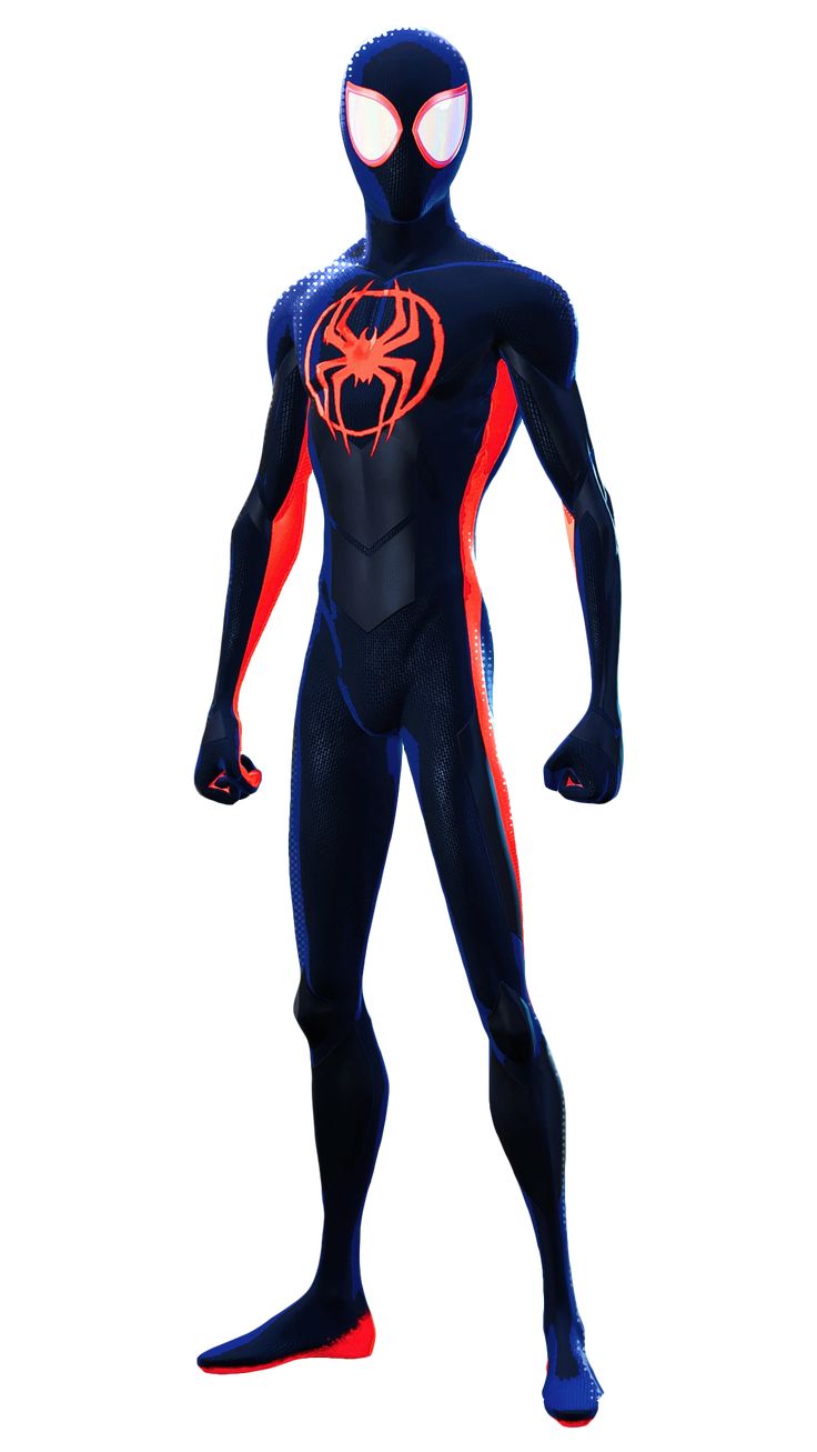 a man in a black and red spider suit standing with his hands on his hips