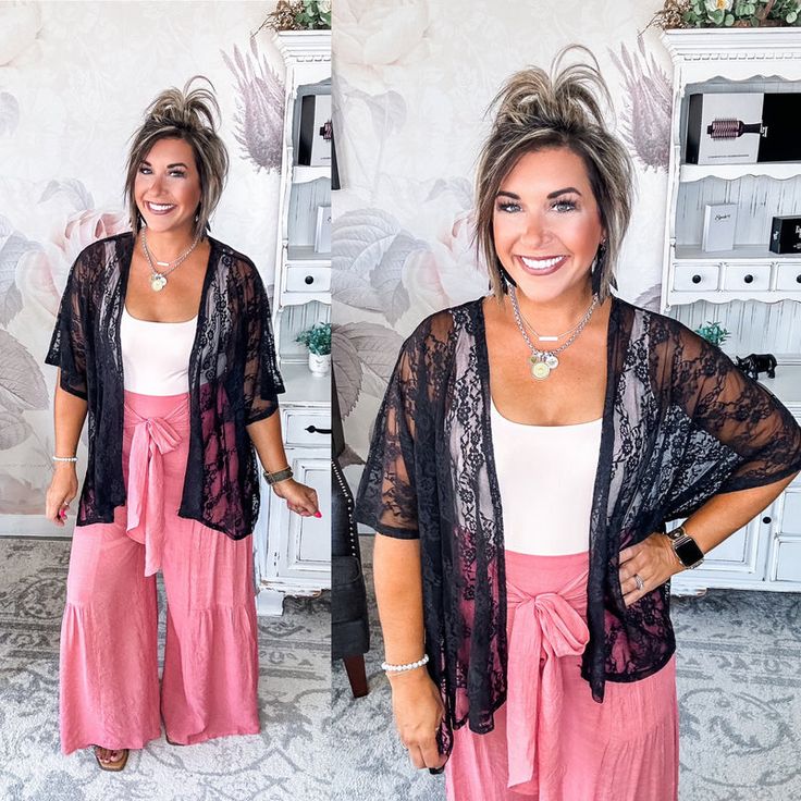 This kimono is your new summer style obsession. Its airy lace fabric and open front... Lace Open Front Cover-up For Summer, Black Wrap Cover-up For Spring, Black Lace Beach Cover-up, Lace Trim Cover-up For Day Out, Spring Day Out Cover-up With Lace Trim, Spring Day Out Lace Trim Cover-up, Day Out Cover-up With Lace Trim, Spring Lace Trim Cover-up For Day Out, Casual Summer Lace Cover-up