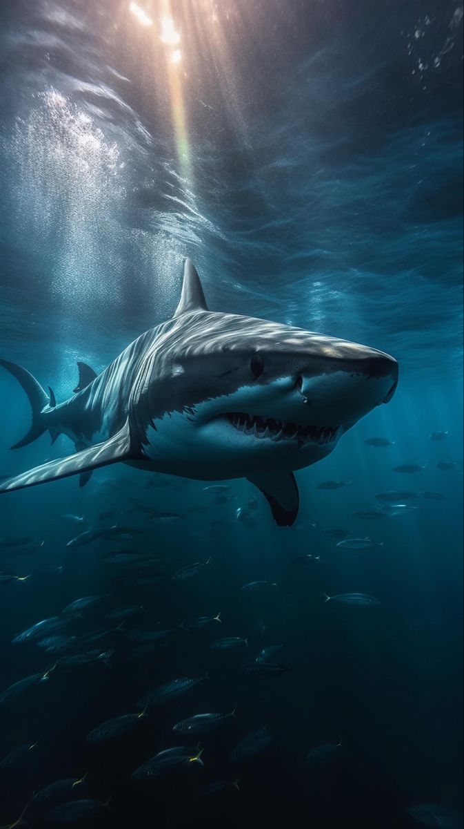 a great white shark swimming in the ocean