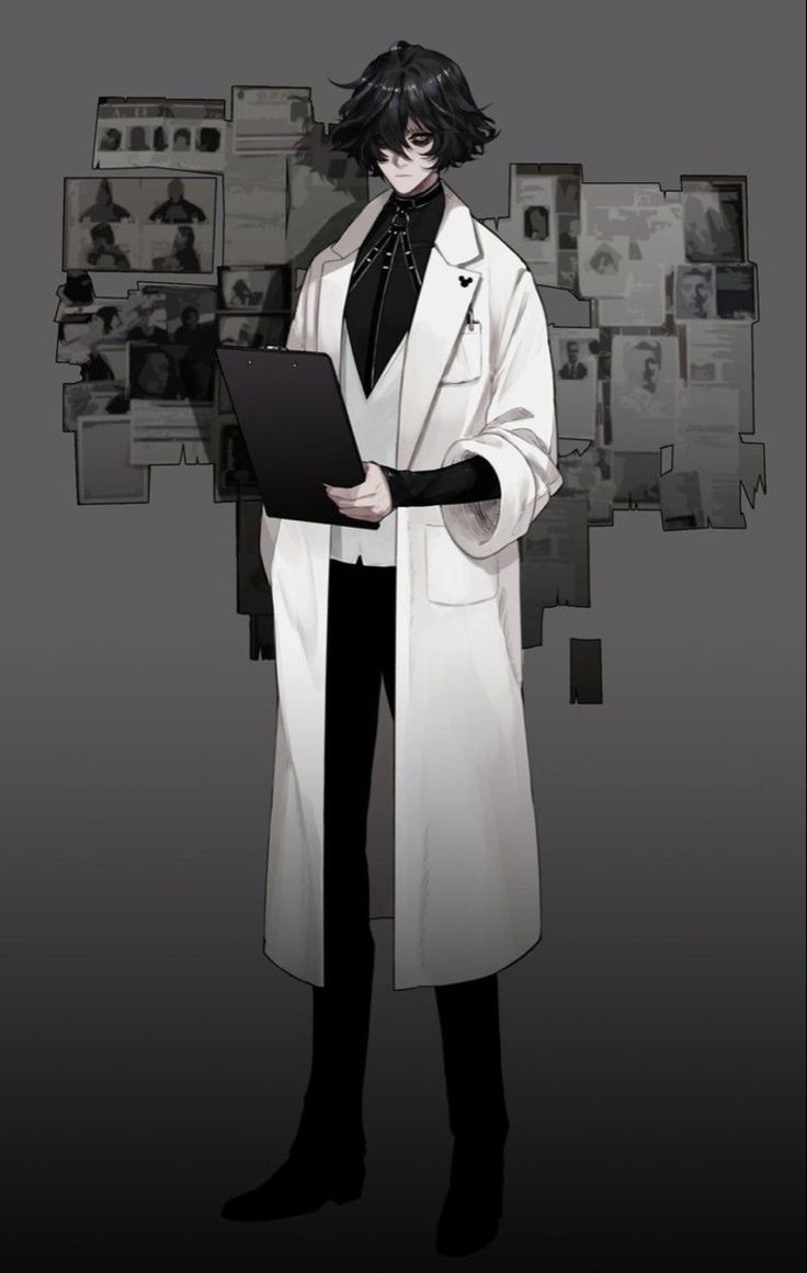 a man in a white coat and black tie holding a laptop next to a wall with pictures on it