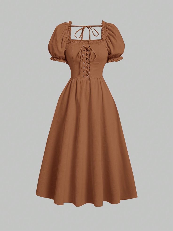 Brown Casual Collar Short Sleeve Woven Fabric Plain A Line Embellished Non-Stretch  Women Clothing Autumn Inspired Dress, Pretty Vintage Dresses, Causal Dress Outfits, Brown Short Dress, Amish Clothing, Autumn Dresses, Simple Frock Design, Simple Frocks, Cute Dress Outfits