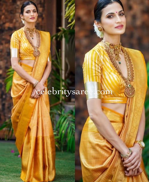 Shilpa Reddy Yellow Stripes Silk Saree Striped Blouse Designs, Shilpa Reddy, Saree Inspiration, Keep Me Stylish, Latest Bridal Blouse Designs, Saree Wearing, Saree Wearing Styles, Saree Draping Styles, Indian Saree Blouses Designs