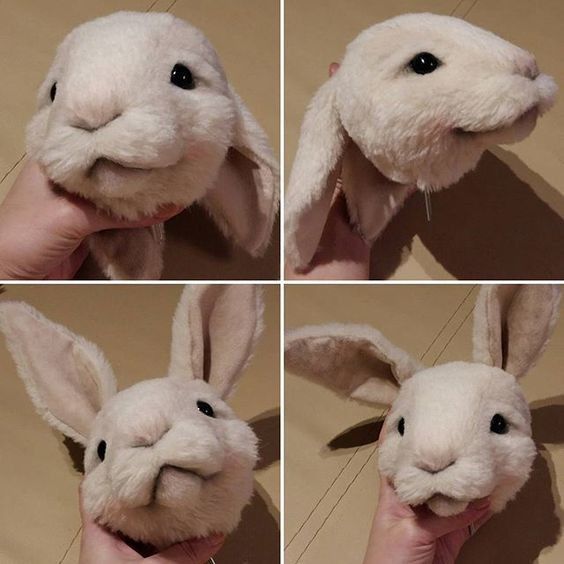 four pictures of a stuffed rabbit being held by someone's hand