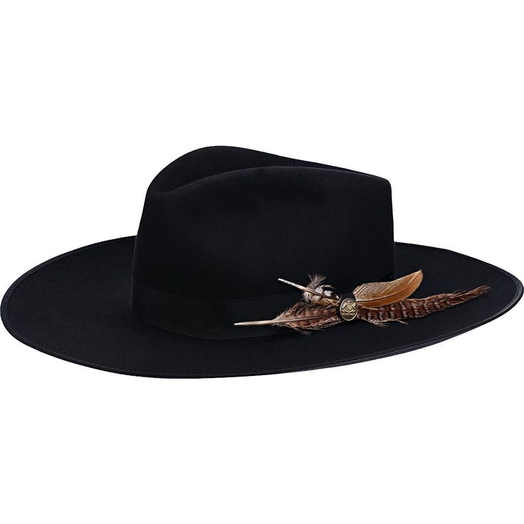 The Stetson Breckenridge B Hat is constructed with a sturdy felt material, which gives it a structured fit and feel, regardless of being crushable. Its sharp demeanor is softened with a button and feathers. Winter Feathered Flat Brim Felt Hat, Western Black Hat With Feathers, Black Western Hat With Feathers, Winter Felt Hat With Feathers And Flat Brim, Winter Fedora With Feather Trim, Winter Fedora Hat With Feather Trim, Winter Felt Hat With Feathers And Short Brim, Winter Feathered Brimmed Felt Hat, Brimmed Winter Fedora With Feathers