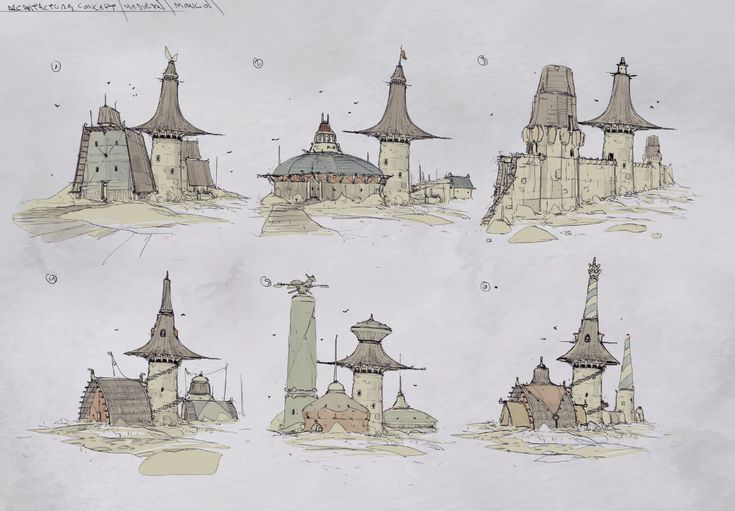 several drawings of buildings and towers in different stages of construction, from the beginning to the end