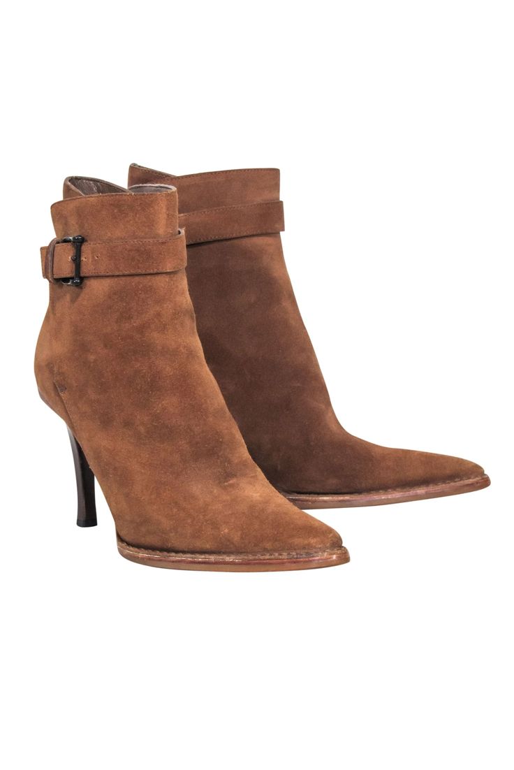 Current Boutique-Gucci - Tan Suede Heel Booties Sz 6 High Ankle Suede Booties For Fall, Chic Winter Boots With Leather Sole, Chic Almond Toe Boots With Suede Lining, Winter Ankle-high Boots With Suede Lining, Ankle-high Winter Boots With Suede Lining, Elegant Suede Booties For Fall, Formal Suede Booties For Fall, Fall Ankle-high Calf Leather Booties, Winter Suede Heeled Boots With Almond Toe