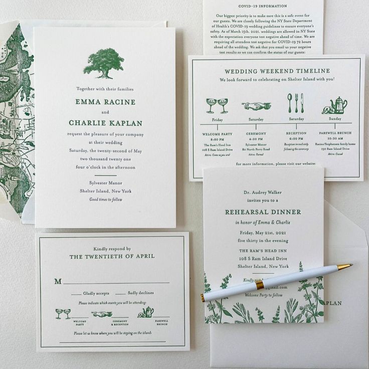 the wedding stationery is laid out on top of each other with a fountain pen