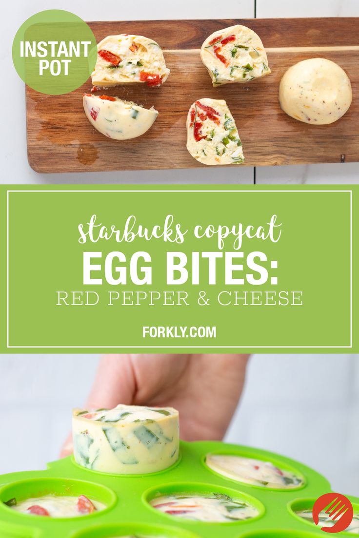 an egg and cheese sandwich on a cutting board with text overlay that reads, starbucks copypat egg bites red pepper & cheese