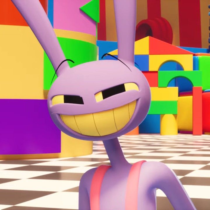 an animated character is standing in front of colorful walls and checkered floored tiles