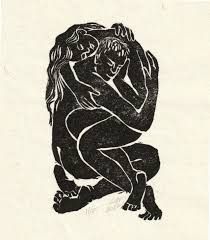 a black and white drawing of two people hugging