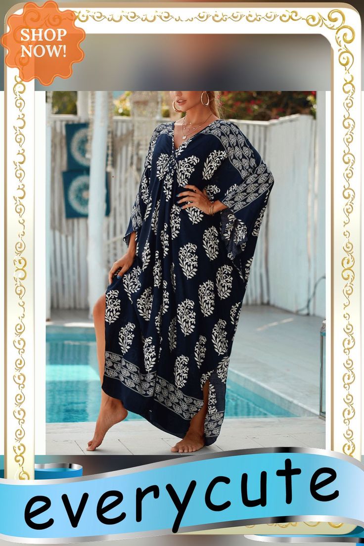 Navy Blue Print Long Kinimo Beachwear Chic Blue Beach Dress For Poolside, Blue Printed V-neck Cover-up, Blue Beach Dress For Poolside Spring, Chic Blue V-neck Cover-up, Blue Casual Kaftan For Poolside, Casual Blue Kaftan For Poolside, Blue Bohemian Resort Cover-up, Casual Resort Pool Cover-up, Blue V-neck Cover-up For Summer