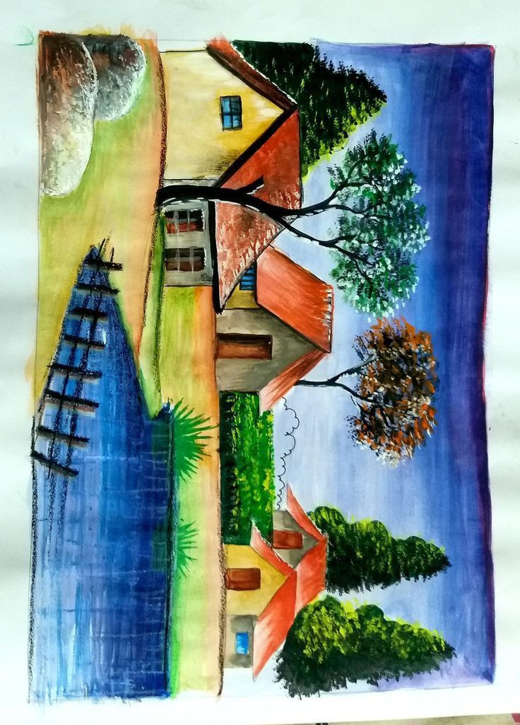 a drawing of houses and trees in the background