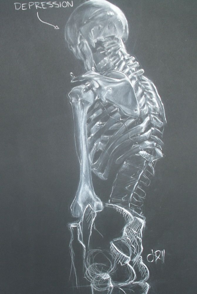 a chalk drawing of a skeleton sitting down