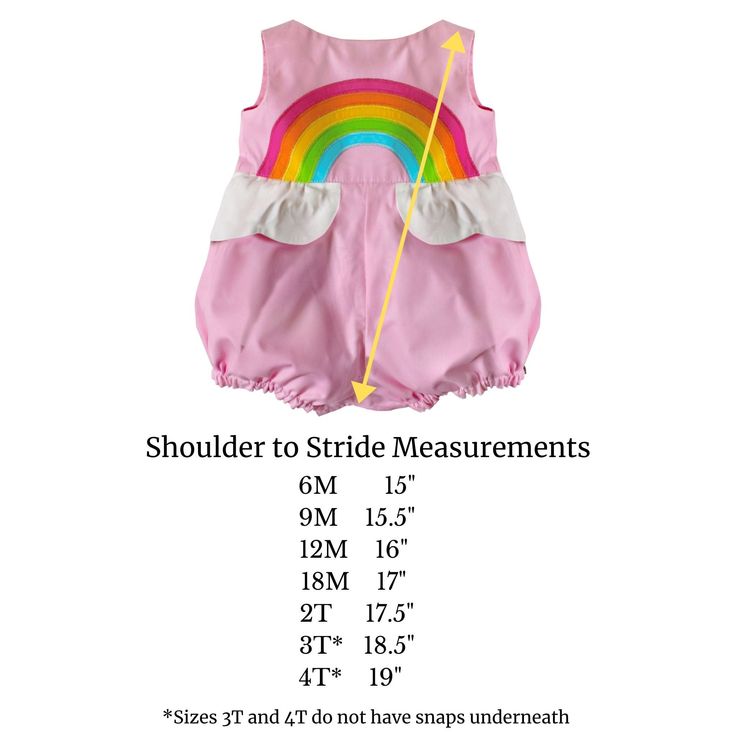 For your little one who spreads rainbows wherever she goes! This cheerful summer style features a layered rainbow applique on the bodice with a cloud shaped peplum at the waist. Pair it with the matching Over the Rainbow Sundress to match with big sis! https://www.etsy.com/listing/692942076/rainbow-sundress-sunset-pink?ref=shop_home_active_20&frs=1 Fully lined Buttons at back, snaps underneath 100% Cotton Machine Wash Cold See last image for size chart. Fitted Multicolor Bubble Romper For Playtime, Multicolor Fitted Cotton Bubble Romper, Fitted Multicolor Cotton Bubble Romper, Playful Pink Sleeveless Bubble Romper, Cute Multicolor Sleeveless Bubble Romper, Pink Cotton Fun Bubble Romper, Playful Fitted Multicolor Bubble Romper, Pink Cotton Bubble Romper In Fun Style, Fitted Sleeveless Bubble Romper For Playdate