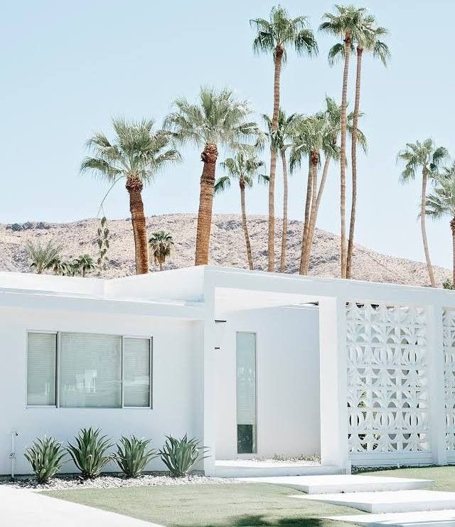 a white house with palm trees in the background