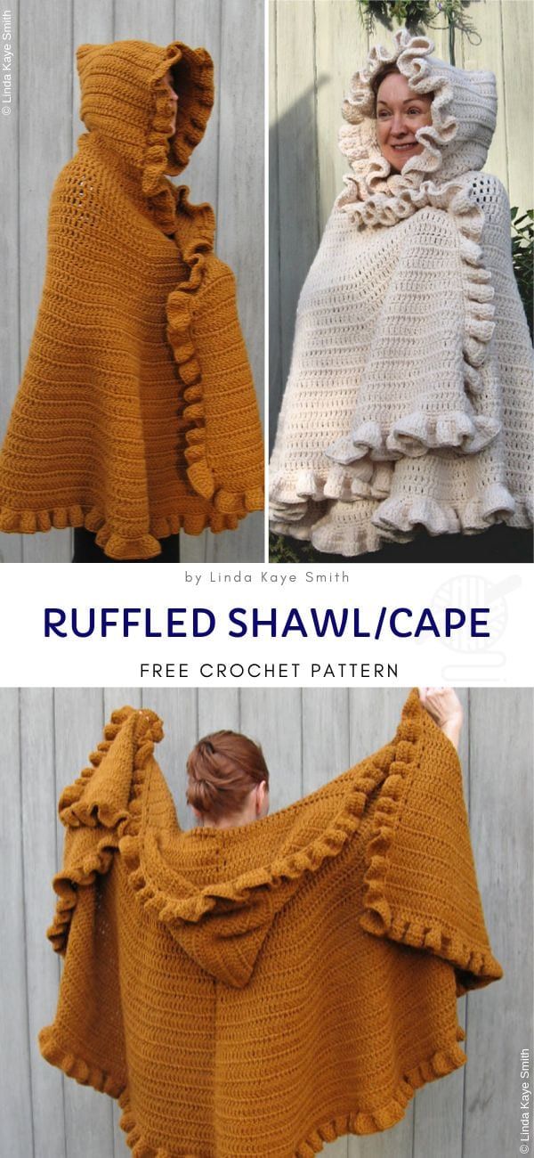 the crocheted shawl cape is shown in three different pictures