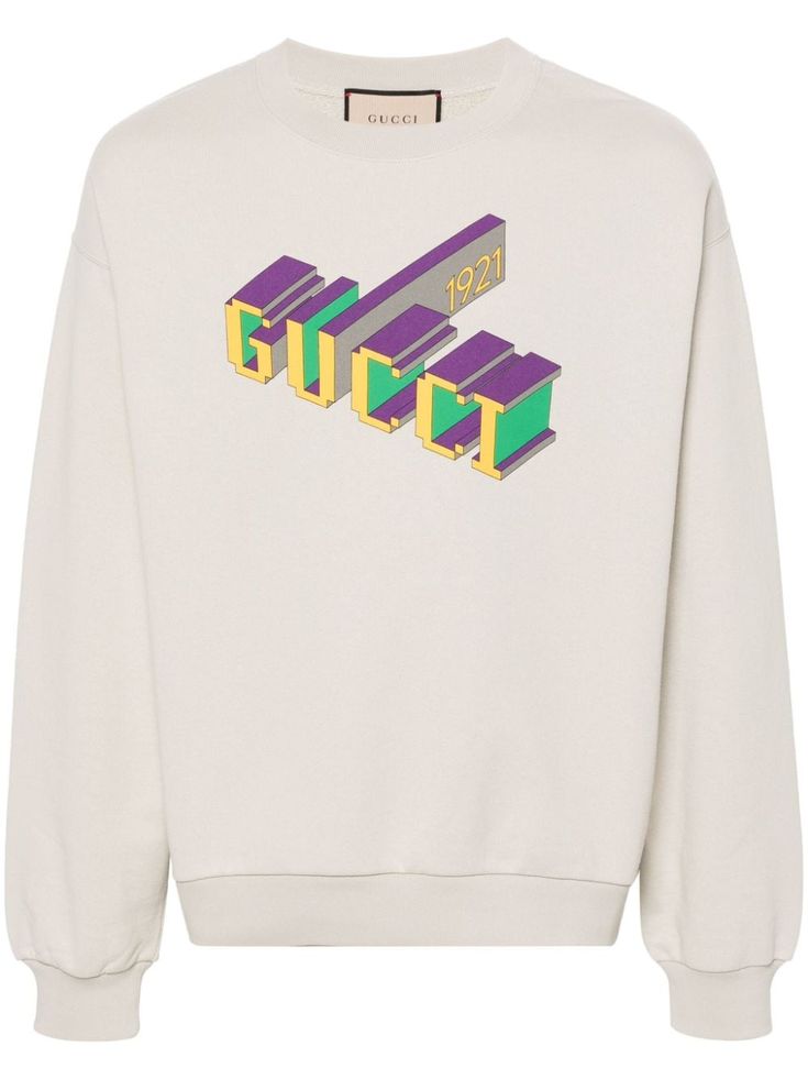 cream white/multicolour cotton jersey texture ribbed trim logo print to the front crew neck drop shoulder long sleeves straight hem French terry lining Gucci Cotton Sporty Sweatshirt, Luxury White Gucci Sweatshirt, Gucci Cotton Sweatshirt With Logo, Gucci Embroidered Logo Long Sleeve Sweatshirt, Trendy Gucci Crew Neck T-shirt, Dress Down Day, 3d Logo, Gucci Men, Cotton Hoodie