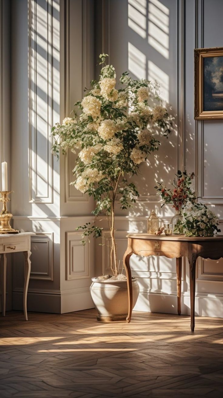 a room with a table and flowers in vases on the floor next to it