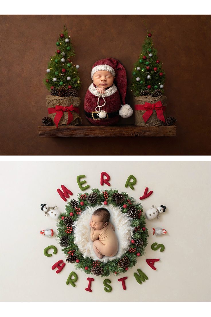 two photos with christmas decorations and a baby in a santa hat sitting on a shelf