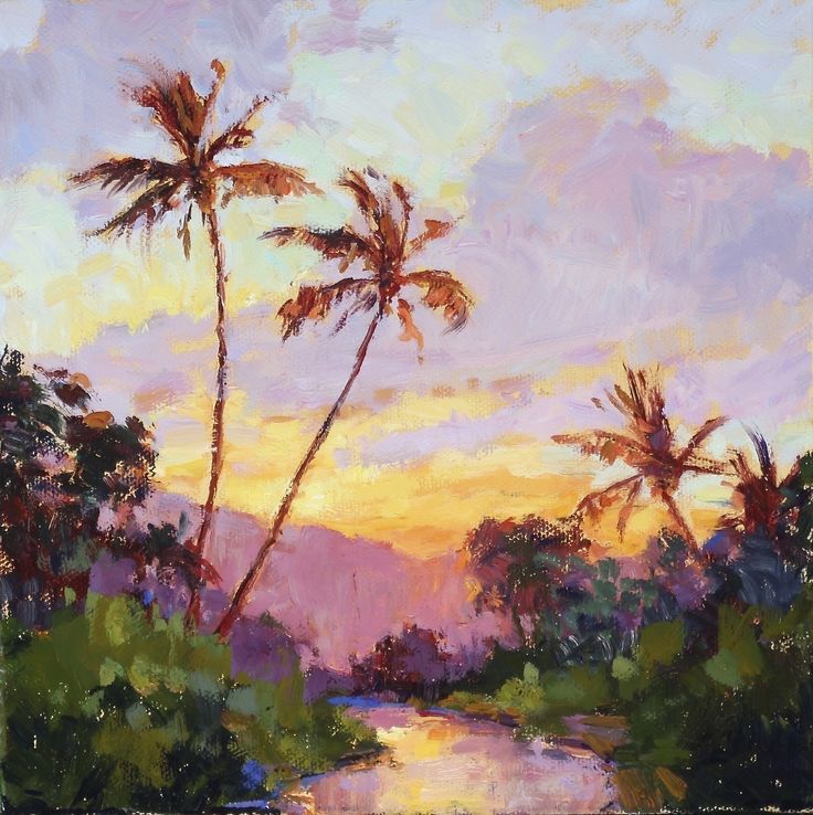 an oil painting of palm trees in the sunset