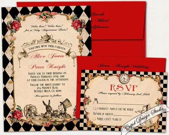 an image of wedding card with alice and wonderland theme