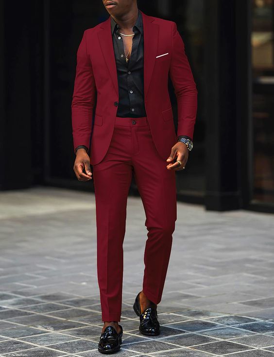 Black White Burgundy Men's Prom Suits Wedding Suits Solid Colored 2 Piece Daily Business Formal Tailored Fit Single Breasted One-button 2024 2024 - $107.99 Men Suits Wedding Groom Fashion, Red Outfit Black Man, Men Outfit Styles, Suit For Black Men, Latest African Men Fashion Design, Black Men Wedding Suits, Hoco Men Outfits, Gala Suits For Men, Red Suits Men