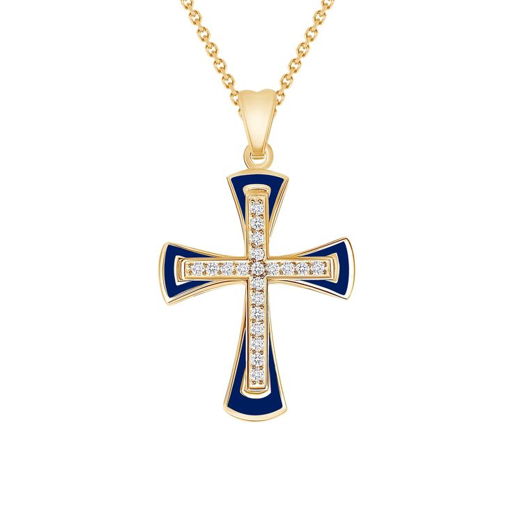 Love innovation? Looking for the new trend? We've taken fine jewelry and combined in with the art of enamel to produce eye popping pieces, adding much needed flavor to the traditional ways of jewelry. What are you waiting for? Differentiate yourself with this one of kind Diamond Cross with Blue Enamel! Metal: 14k Solid Yellow / White / Rose Gold Pendant Size: Height - 26.6 mm | Width - 16.6 mm Enamel Color: Blue Stone Information Pieces | Total Carat Weight (TCW): Large: 20 1.0mm Diamonds | TCW: .08 cts Chain Information Type: Rolo Chain Weight: 1 g Clasp: Spring Ring All Pome Jewelry is Manufactured in the USA. This ensures the highest level of craftsmanship and exquisite quality. We love to hear from our customers, your reviews are always much appreciated! Thank you! We offer lots of pro Diamond Cross Necklace, Diamond Cross Pendants, Rose Gold Pendant, Diamond Cross, Much Needed, Yellow Gold Pendants, Cross Jewelry, New Trend, Cross Pendant Necklace