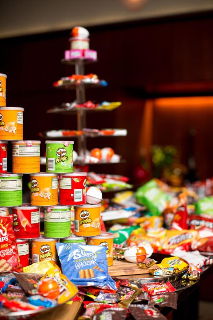 a table topped with lots of different types of food and snacks on top of it