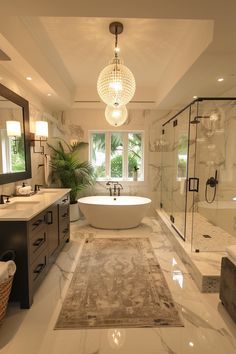 a large bathroom with an oval tub and double sinks, along with a rug on the floor