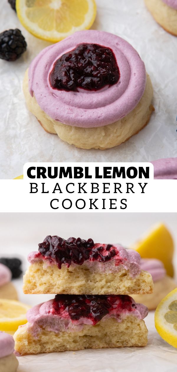 lemon blackberry cookies are stacked on top of each other