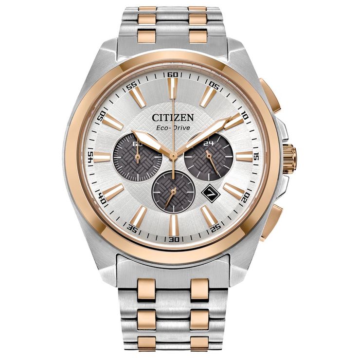 Classic style meets modern color in this Citizen Peyten watch. Featuring white and yellow stainless steel, this watch's unique style is sure to call to you. -Watch features date indicator -Enjoy free cleaning and inspection at any Day's location for life of this Citizen watch Discover the story of stainless steel Day's Jewelers is committed to sourcing socially, ethically, and environmentally responsible materials and gems so that you can trust the integrity of the jewelry that you love. Day's Jewelers was established in 1914 in Portland, Maine by the Davidson family. Now, over a century later, Day's is an employee-owned, customer focused business whose mission is to build a company that will stand the test of time. Mens Watches Citizen, Mens Dress Watches, Eco Drive Watches, Gold Plated Watch, Mens Chronograph, Citizen Watch, Citizen Eco, Eco Drive, Watches Unique