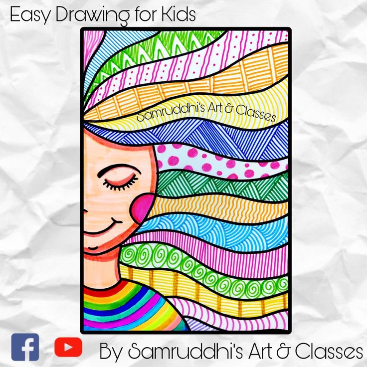 an easy drawing for kids with colorful lines and dots on the background, including a woman's face