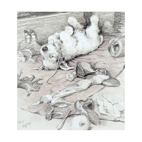 a pencil drawing of a dog laying on the ground with his head down and other dogs around him