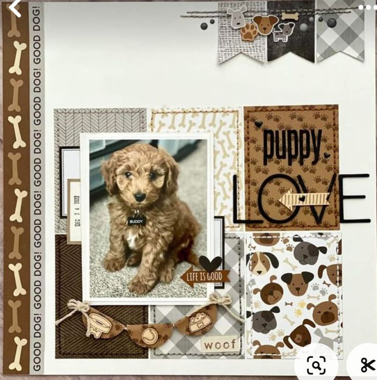 a scrapbook page with a dog on it's cover and the words puppy love