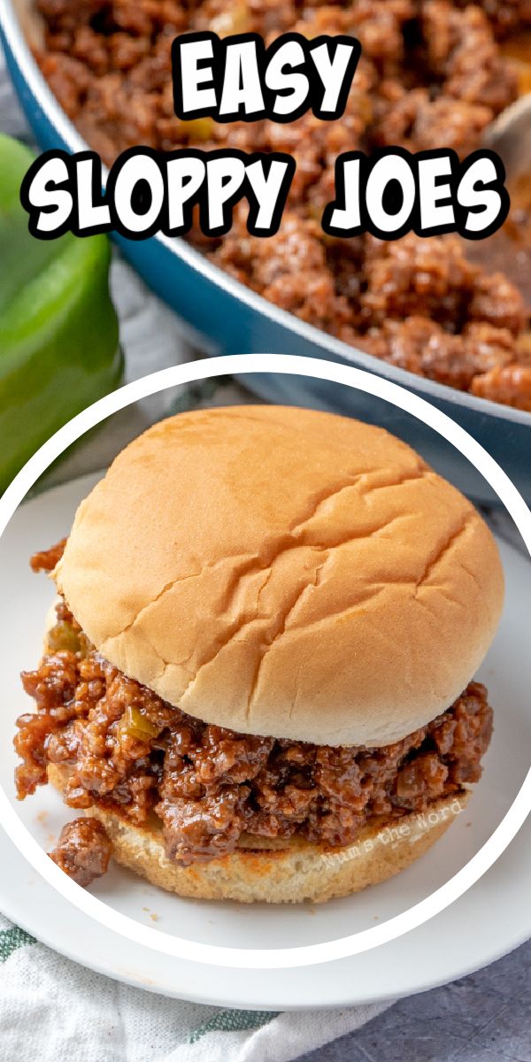 sloppy joes on a plate next to a casserole dish with the words easy sloppy joes