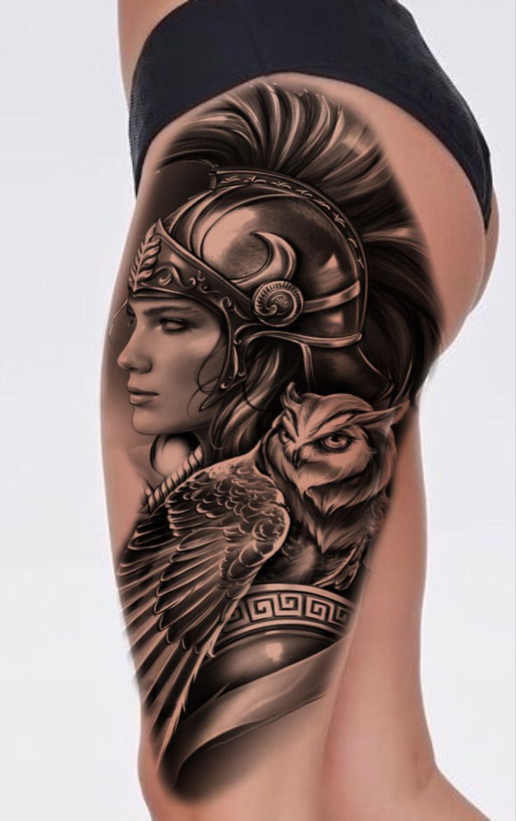 Athena Tattoo Design Greek Mythology, Norwegian Tattoo, Sarah Tattoo, Finger Tattoos Words, Athena Tattoo, Female Warrior Tattoo, Side Thigh Tattoos, Dragon Tattoo Ideas, Half Sleeve Tattoos Drawings