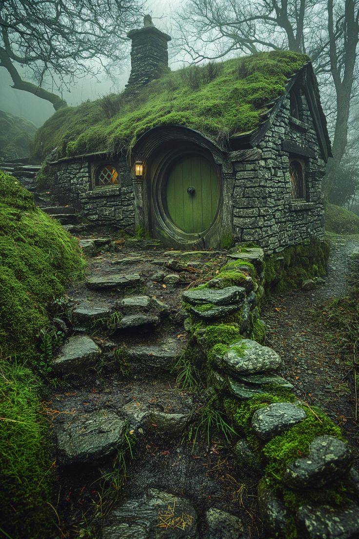 a green hobbot house in the woods with moss growing on it's roof