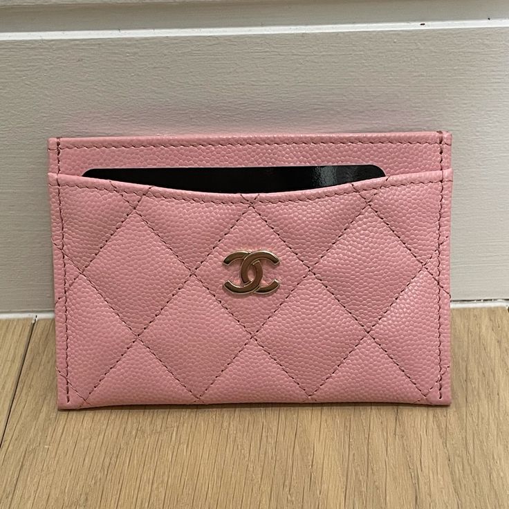 Chanel Classic O Card Holder 22c Sakura Pink Luxury Pink Card Holder With Card Slots, Luxury Pink Card Holder, Elegant Pink Rectangular Card Holder, Formal Pink Card Holder With Card Slots, Pink Chanel Wallet, Channel Purse, Chanel Items, Chanel Card Holder, Chanel #1