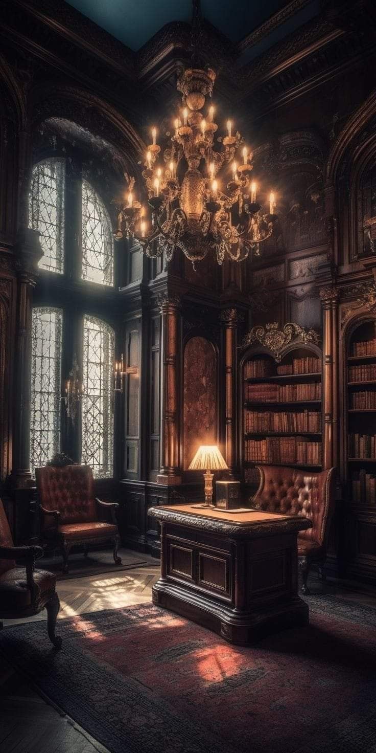 an old fashioned library with chandelier and chairs